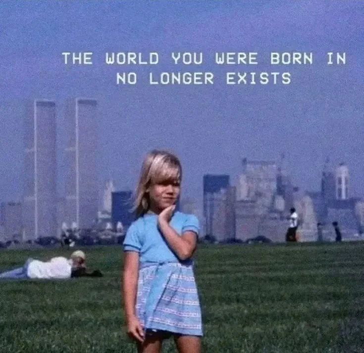 A girl in a blue dress in front of the Twin Towers, captioned “The world you were born in no longer exists”